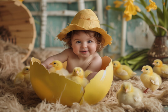 adorable B&eacute;b&eacute; dans une coquille d'&oelig;uf avec des poussins et jonquilles pour c&eacute;l&eacute;brer P&acirc;ques, ambiance printani&egrave;re et festive humour