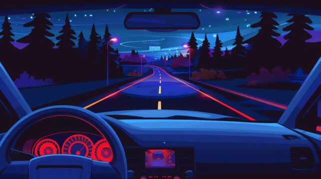 A car with headlights on driving down a dark road at night, illuminating the path ahead.