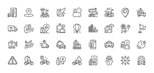 Pin, Plane and Ship line icons pack. AI, Question and Answer, Map pin icons. Car registration, Charging time, Delivery man web icon. Inventory, Car service, Baggage cart pictogram. Vector