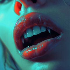 Gros plan sur la bouche d'un vampire femme, ou d'une femme aux dents de vampire, canines pointues, bouche entrouverte avec du rouge à lèvre