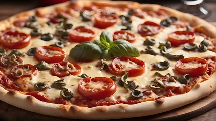 The pizza is made to look as good as it tastes, thanks to the vivid red color of the tomatoes and the golden color of the melted cheese.