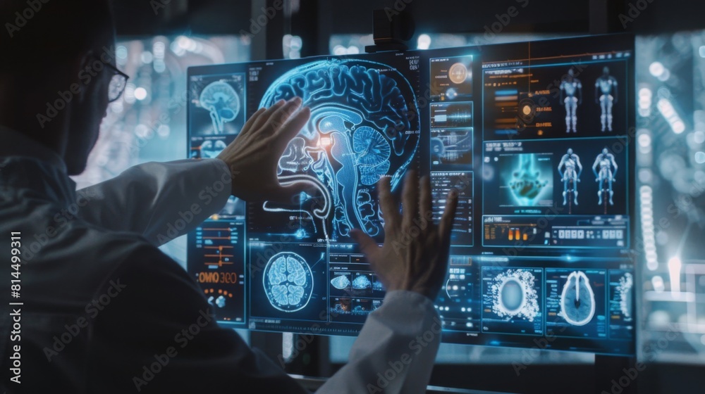 Poster a man is studying a computer screen displaying a detailed brain scan, focusing intently on the data 