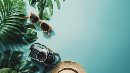 Creative summer background with camera, hat, sunglasses, tropical plants and leaves