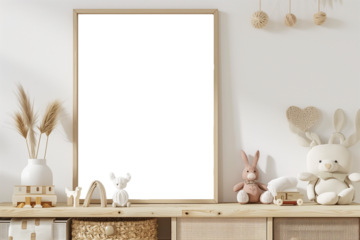 Mock-up frame in children's room with Farmhouse style wooden furniture