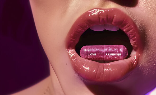 gros plan sur une bouche de femme, maquill&eacute;e avec du rouge &agrave; l&egrave;vre gloss, entrouverte avec une g&eacute;lule m&eacute;dicamenteuse rose avec l'inscription "LOVE REMINDER" en anglais.