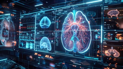 A dark room features a vast display of brain images, showcasing detailed scans and medical information.