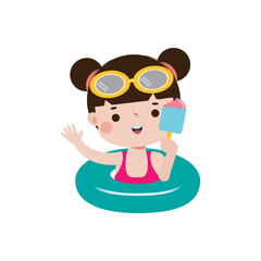Cute kid wearing float ring and eating ice cream in Pool party, cartoon character flat style vector illustration on white background