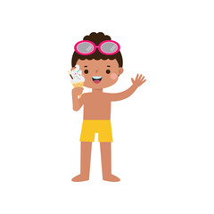 Cute kid wearing swimsuit with ice cream on the beach, cartoon character flat style vector illustration on white background