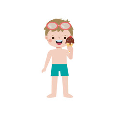Cute kid wearing swimsuit with ice cream on the beach, cartoon character flat style vector illustration on white background
