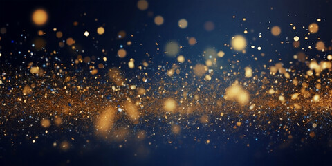 Fototapeta premium Gold sparkle splatter border . Gold Foil Frame Gold blue and gold banner celebrations brush stroke on blue background golden star. Cosmic glittering.