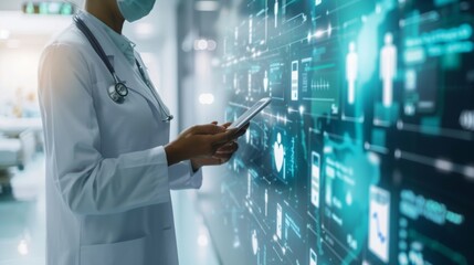 A healthcare professional reviews critical data on a tablet amidst the high-tech ambiance of a futuristic hospital setting.