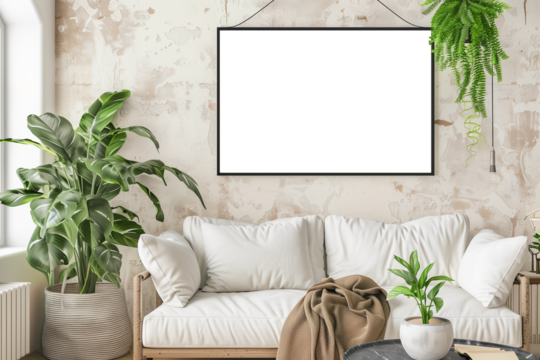 Mock-up frame on a living room wall in Scandinavian style