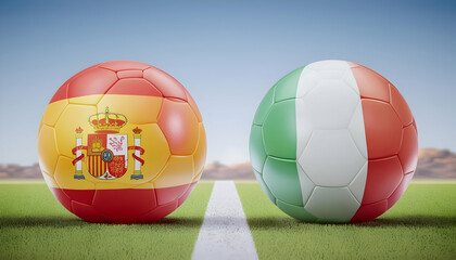 two soccer balls emblazoned with the flag colors of Spain and Italy, representing the intensity of international football rivalries