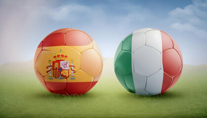 two soccer balls emblazoned with the flag colors of Spain and Italy, representing the intensity of international football rivalries