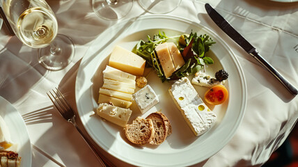 Assorted Cheeses on Elegant Porcelain Plate