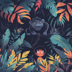 Cute illustration of Mowgli in the jungle