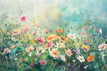 A watercolor painting of a field of flowers in a pastel color palette 