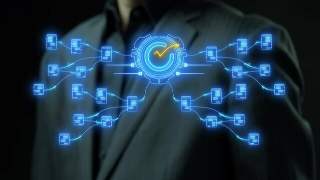 Certified guarantee approval or secure access system concept, Quality assurance of business service. Businessman showing identity proofing icon for the security protection system on virtual screen.