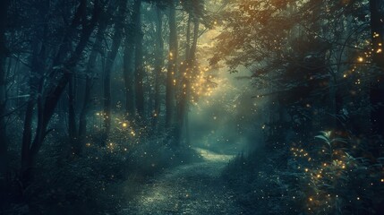 Obraz premium Ethereal moonbeams filter through trees soft glow illuminates path wallpaper