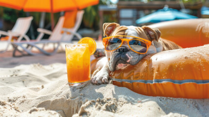 elaxing Bulldog in Sunglasses on Sunny Beach