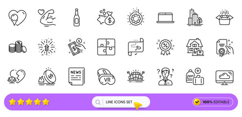 Loan, Ice cream and Vr line icons for web app. Pack of Certificate, Gas price, Discount pictogram icons. Fireworks explosion, Divorce lawyer, Beer signs. Strong arm, Puzzle, Home moving. Vector