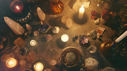Mystical Altar with Candles, Crystals, and Tarot Cards