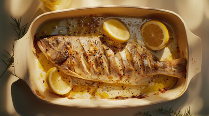 Oven-Roasted Whole Fish with Citrus and Herbs in Baking Dish