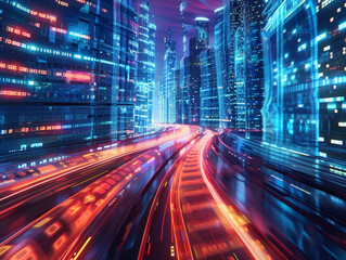 Fototapeta premium Smart digital city with high speed light trail of cars of digital data transfer , futuristic - ai