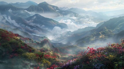 Fototapeta premium Mist-shrouded valleys with colorful flowers and foliage wallpaper
