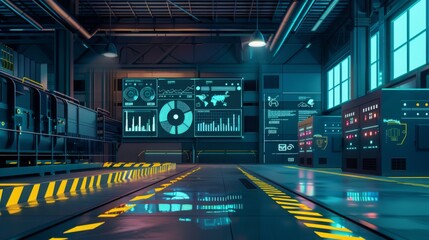 A modern control center with advanced digital screens and interactive displays illuminated in a low-light environment.