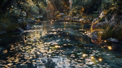 Sparkling streams meandering reflecting surrounding flora wallpaper