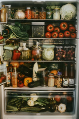 Fully Stocked Refrigerator with Fresh Vegetables and Fruits