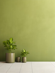 Mock up product presentation mock up, olive green wall with decorating plant in a vase, free copy space background