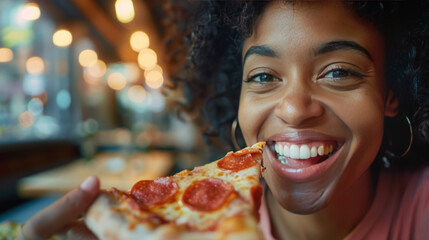 Joyful Moment with a Slice of Pepperoni Pizza