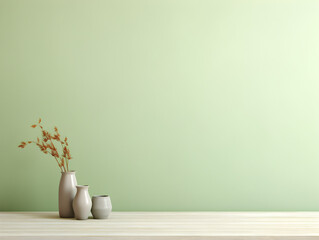 Pastel green mock up wall with and plant in a vase, free copy space background