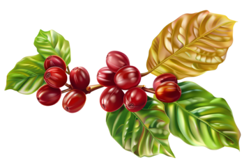 Coffee beans with bright leaves isolated on a transparent background