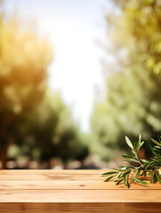 Mock up wooden table with green olive twig and blurry green outdoor background 