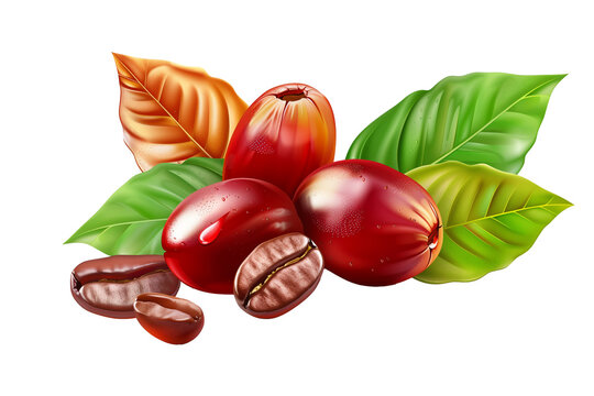 Coffee beans with bright leaves isolated on a transparent background