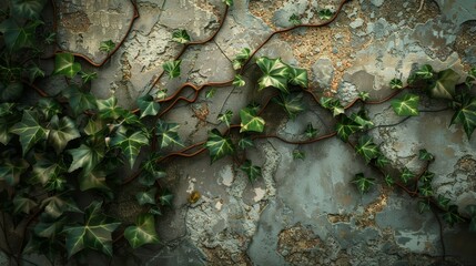 Naklejka premium Ivy twists on weathered walls with delicate leaves wallpaper
