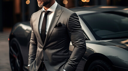 Man in a stylish suit posing by luxury car. Ai Generative