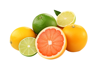 Collection of whole and sliced citrus fruits isolated png