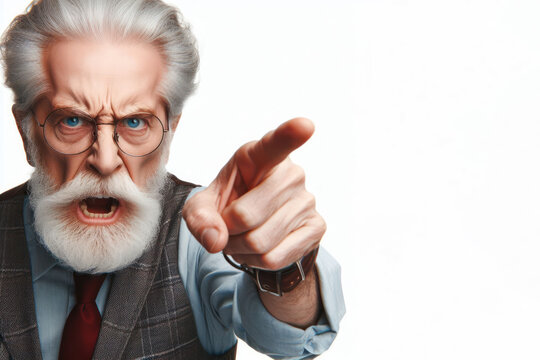 Angry old man pointing with finger Isolated on white background