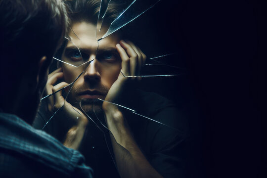 Broken mirror reflection with sad and depressed male face dark background