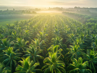 Aerial view of palm plantation at east asia, morning soft light - ai