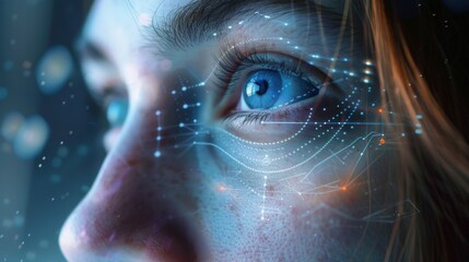 Close-up of a womans eye with a futuristic augmented reality interface projected on her field of vision.