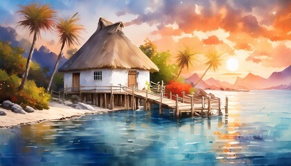Fototapeta premium Oil painting of a quaint white house situated on a tropical island, surrounded by the sea