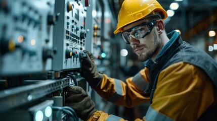 Electrician working with electrical panels, circuit boards