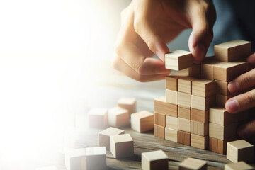 close up hand arranging wood block stacking, Isolated on white background copy space