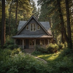 Celebrate National Camera Day with a picturesque shot of a quaint cottage nestled among towering trees.

