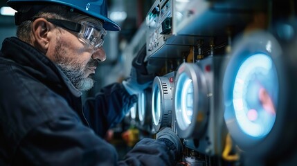 Electrician working with electrical panels, circuit boards